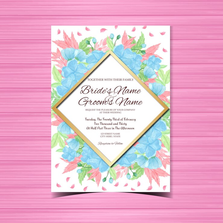 Vetor convite de casamento floral azul com lindas flores
