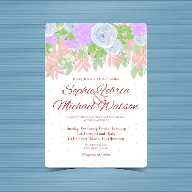 convite de casamento floral colorido com rosas azuis e suculentas