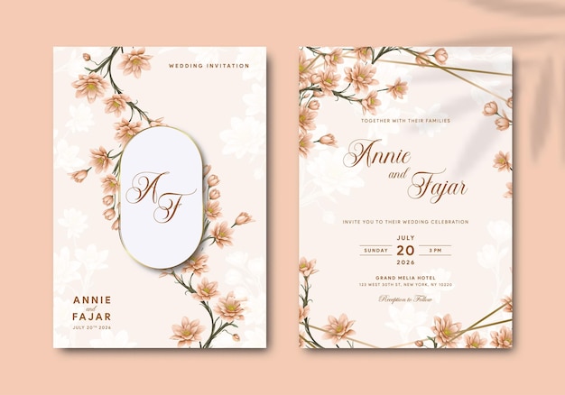 convite de casamento geométrico em linha dourada com ramo de flores em aquarela vetor premium