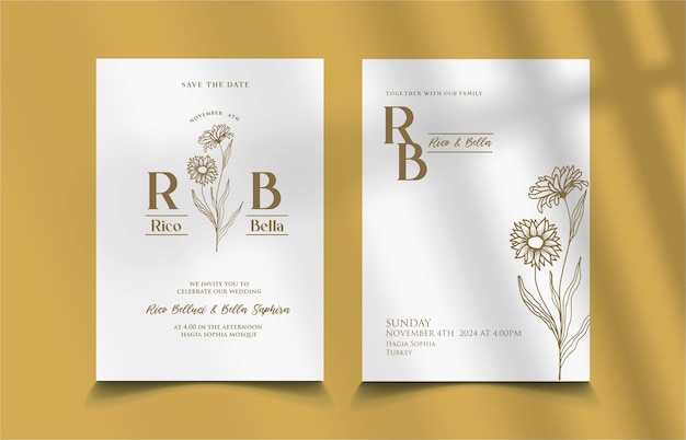 Convite de casamento minimalista branco simples com rabisco de flor