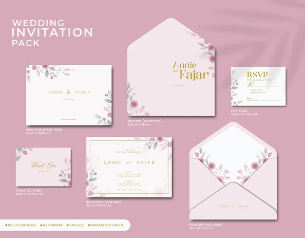 convite de casamento pacote completo com flor aquarela vetor premium