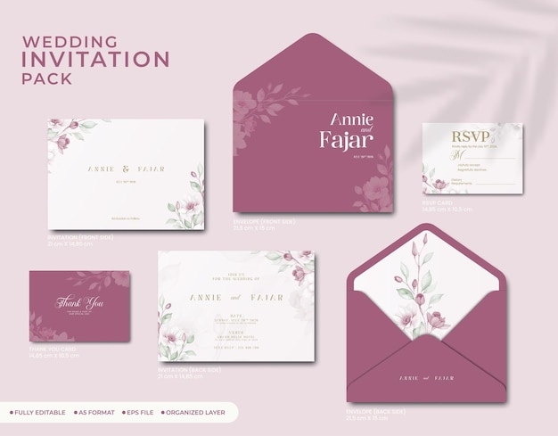 convite de casamento pacote completo com flor aquarela vetor premium