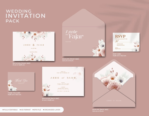 convite de casamento pacote completo com flor aquarela vetor premium
