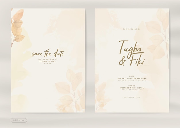 Convite de casamento simples com folhas aquarela
