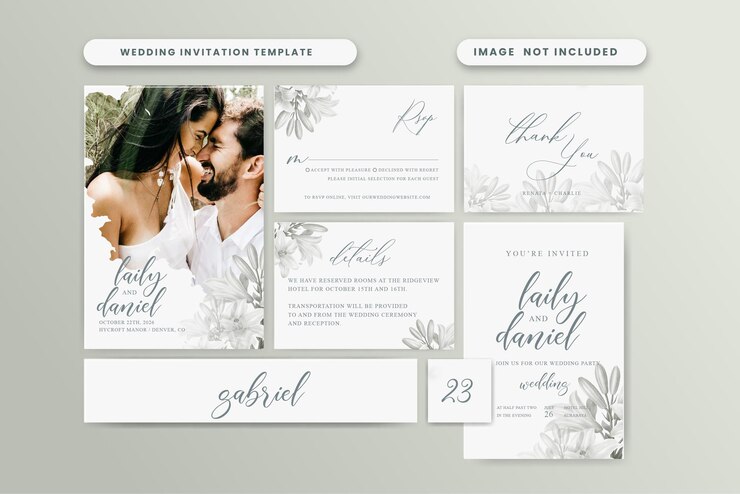 Convite de casamento simples e elegante minimalista com flor suave e fundo branco