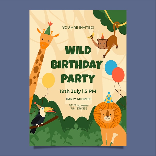 Convite de festa de aniversário de selva desenhado à mão