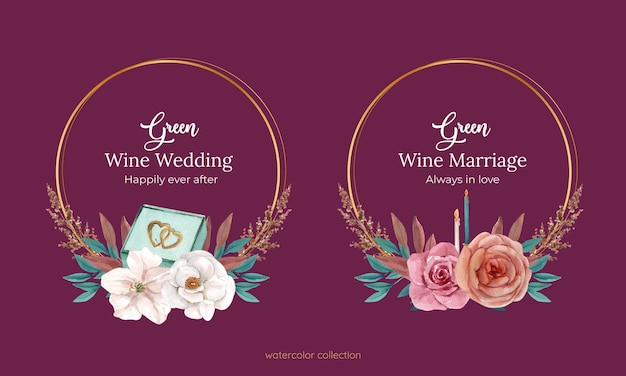 Convite de grinalda de casamento com flores em estilo aquarela