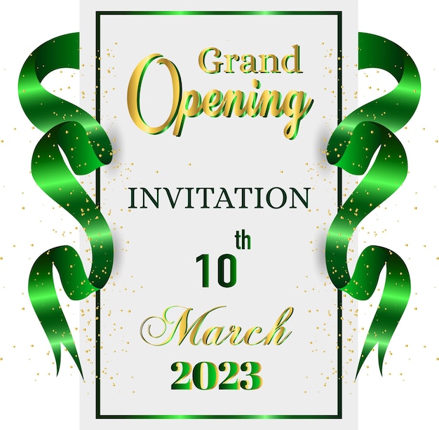Vetor convite de inauguração 10 de março com fita e confete