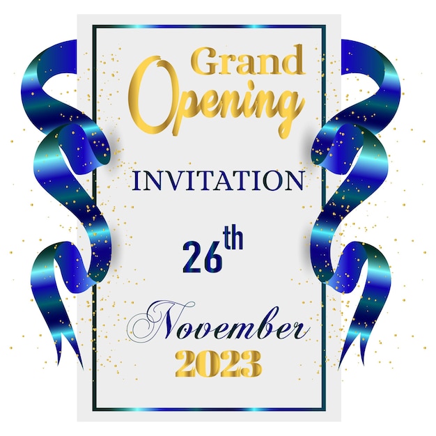 Vetor convite de inauguração 26 de novembro com confete e fita azul