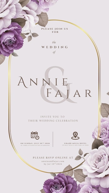 Convite digital de casamento com ilustração floral em vetor premium