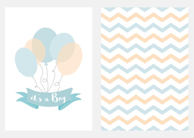 Convite do chuveiro de bebê para meninos fita de balões azuis com texto conjunto de 2 cartões elementos de design de balões azuis para festa de chegada do bebê fundo desenhado à mão em ziguezague bonito ilustração vetorial modelos azuis