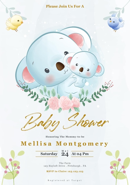 Convite encantador para chá de bebê Koala com elementos florais