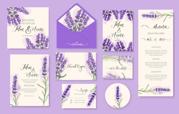 Vetor convite floral de lavanda aquarela de casamento obrigado menu de resposta rsvp