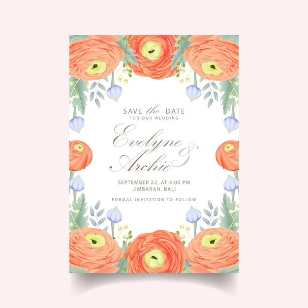 Convite floral do casamento com flor do ranúnculo