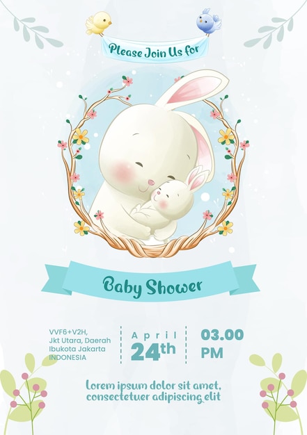 Convite fofo e caprichoso para chá de bebê com coelhinhos estilo aquarela