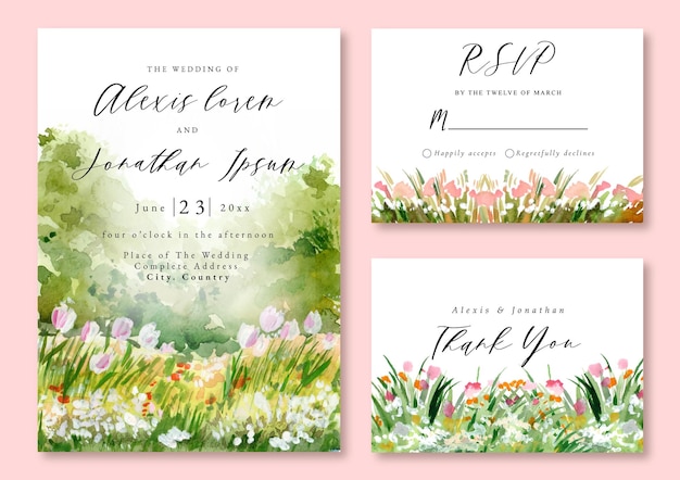 Convite para casamento em aquarela paisagem floral verde campo tulipa