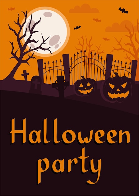 Convite para festa de halloween com abóboras morcegos e cruzes ilustração vetorial em estilo simples