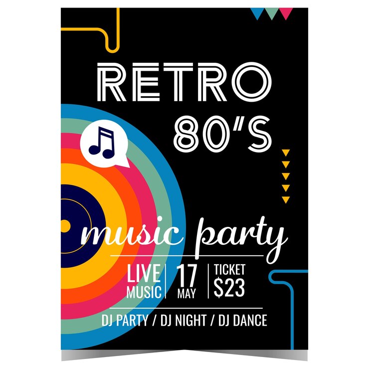 Vetor convite para festa de música retrô e banner de promoção ou pôster com toca-discos de vinil colorido retrô
