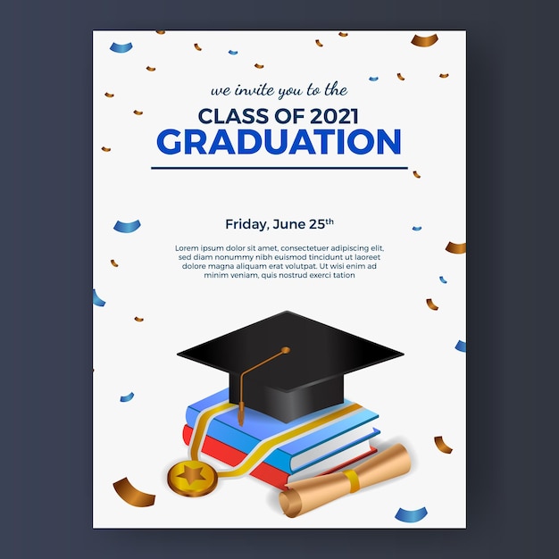 Convite para pôster de festa de formatura com livro isométrico 3D e chapéu de formatura e medalha com confete voador
