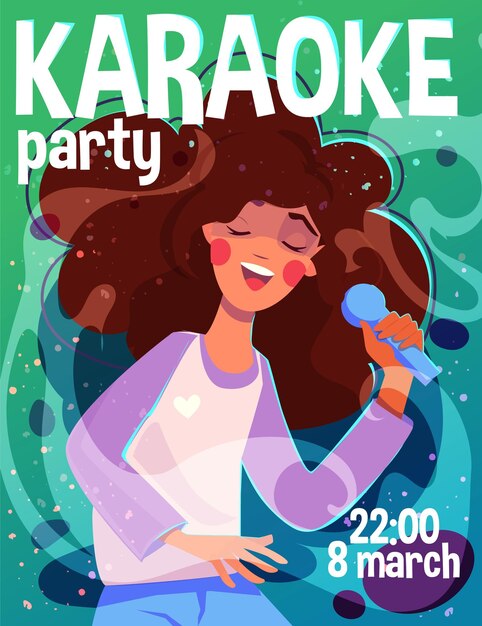 Vetor convite para uma festa de karaoke uma garota alegre e bonita com cabelos encaracolados canta sua canção favorita no microfone