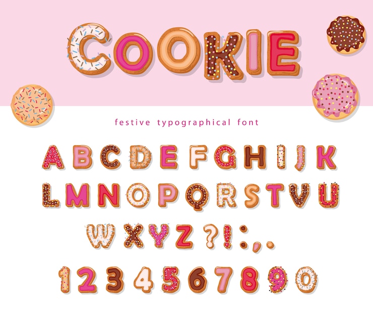 Vetor cookie, alfabeto decorativo desenhado a mão.