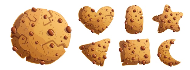 Vetor cookies de chocolate tradicionais em diferentes formas estrela quadrada triangular redonda e cookies de chocolate em forma de coração conjunto de ilustrações de desenho animado detalhadas vetoriais