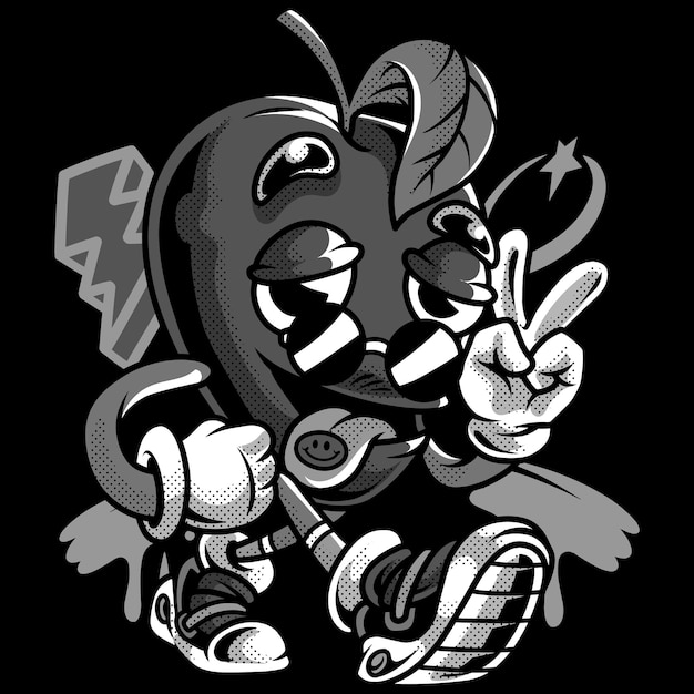 Cool Mango Retro Cartoon em ilustração preto e branco