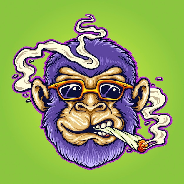 Cool Monkey Stoner Cannabis Smoking Vector ilustrações para o seu trabalho Logotipo, t-shirt de mercadoria de mascote, adesivos e desenhos de etiquetas, cartaz, cartões de felicitações anunciando empresas ou marcas.