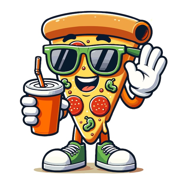 Vetor cool pizza slice personagem com bebida quirky fast food ilustração