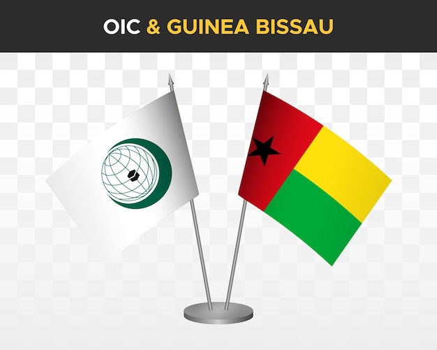 Vetor cooperação islâmica da organização oic vs guiné-bissau mesa de bandeiras maquete 3d ilustração vetorial