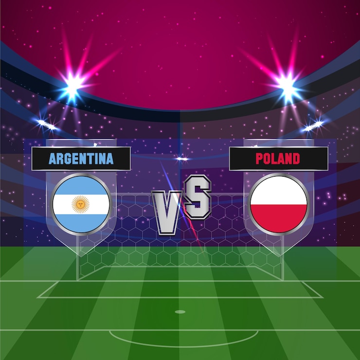 Vetor copa do mundo de futebol 2022 argentina vs polônia com fundo de campo do estádio