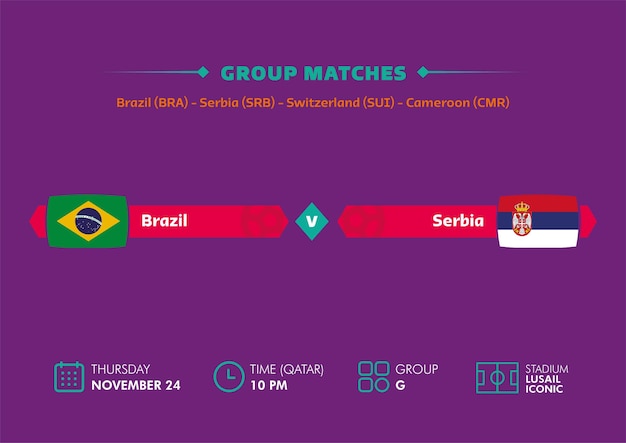 Vetor copa do mundo de futebol, qatar 2022. calendário de jogos do brasil vs sérvia com bandeiras. copa do mundo.