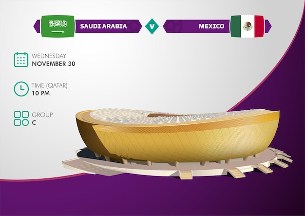 Copa do mundo do catar 2022 estádio lusail, construção vetorial com calendário de jogos da arábia saudita vs méxico