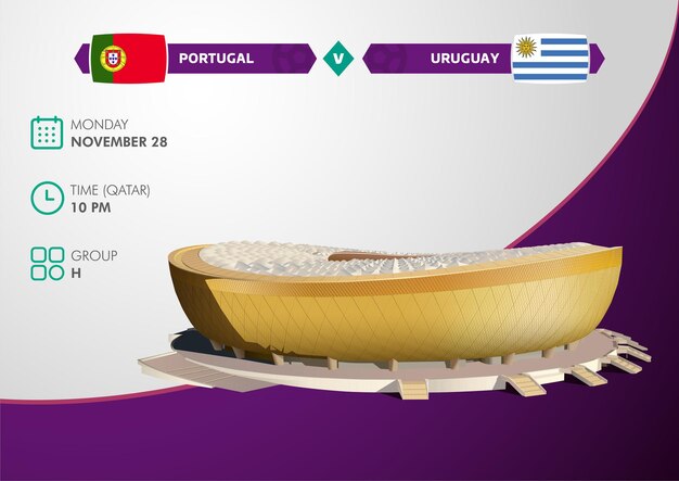 Vetor copa do mundo do catar 2022 estádio lusail, construção vetorial com calendário de jogos de portugal vs uruguai