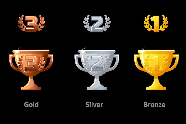 Vetor copa do troféu, prêmio, ícones. coleção ouro, prata e bronze trophy cup award para os vencedores. elementos do vetor para logotipo, etiqueta, jogo e app.