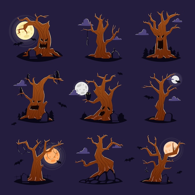 Copas das árvores de halloween assustador personagem de vetor de árvore de horror no conjunto de ilustração floresta assustadora de madeira florestal ou monstro de carvalho mal do pesadelo isolado no fundo