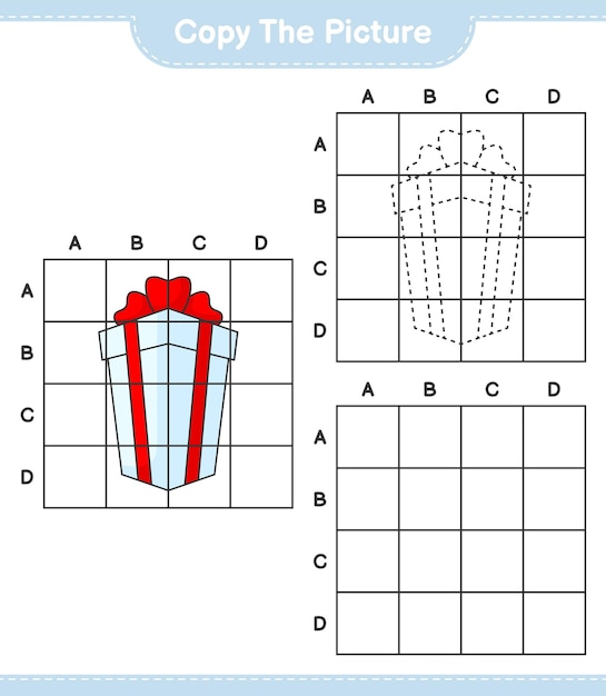 Copie a imagem, copie a imagem da caixa de presente usando linhas de grade. jogo educativo para crianças, planilha para impressão, ilustração vetorial