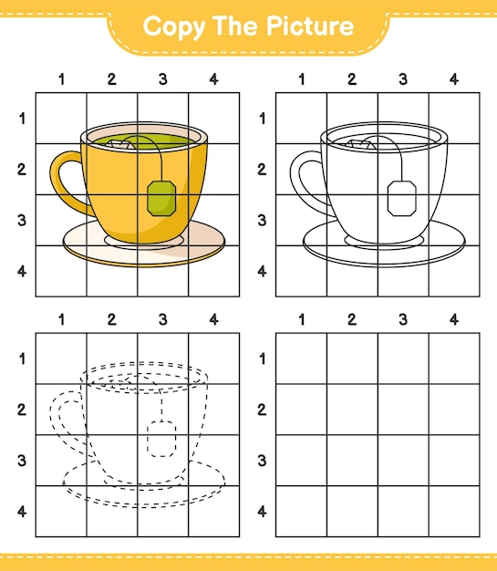 Copie a imagem copie a imagem da xícara de chá usando linhas de grade ilustração em vetor de planilha para impressão de jogo educacional para crianças