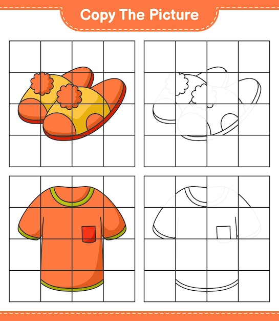 Copie a imagem copie a imagem de camiseta e chinelos usando linhas de grade ilustração em vetor de planilha para impressão de jogo educacional para crianças