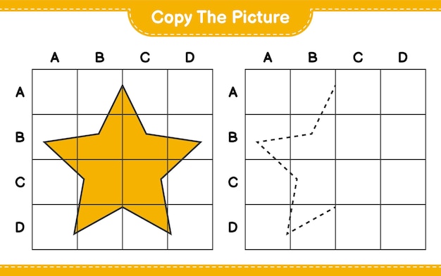 Copie a imagem, copie a imagem de estrelas usando linhas de grade. jogo educativo para crianças, planilha para impressão