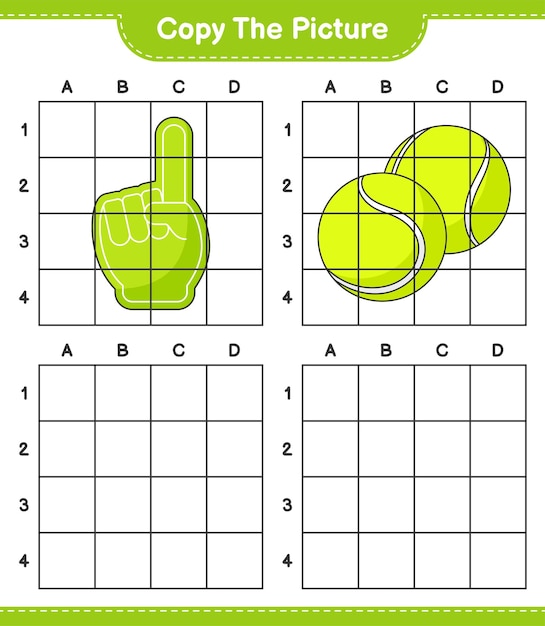 Copie a imagem, copie a imagem de foam finger e tennis ball usando linhas de grade. jogo educativo para crianças, planilha para impressão, ilustração vetorial