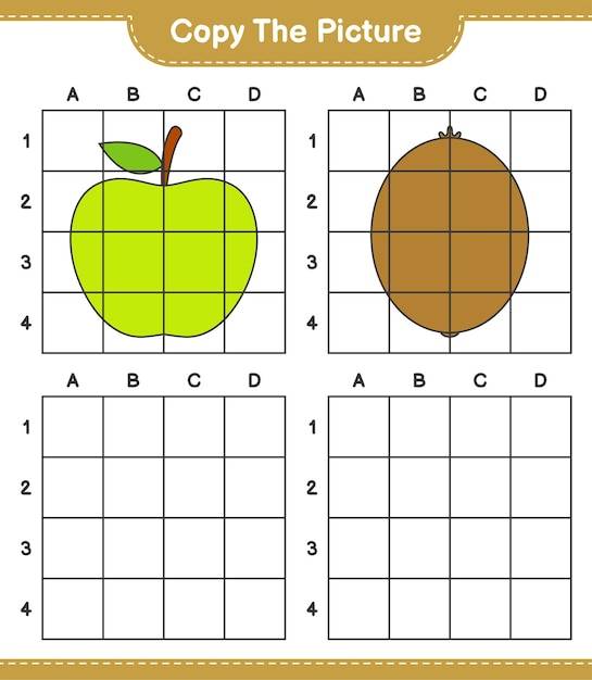 Copie a imagem, copie a imagem de frutas usando linhas de grade. jogo educativo para crianças, planilha para impressão