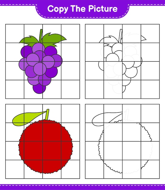 Copie a imagem, copie a imagem de frutas usando linhas de grade. jogo educativo para crianças, planilha para impressão