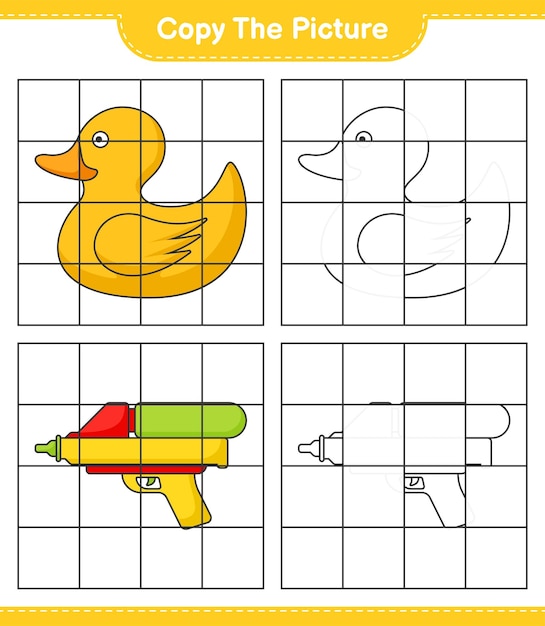 Copie a imagem copie a imagem de rubber duck e water gun usando linhas de grade ilustração em vetor de planilha imprimível para crianças educacionais