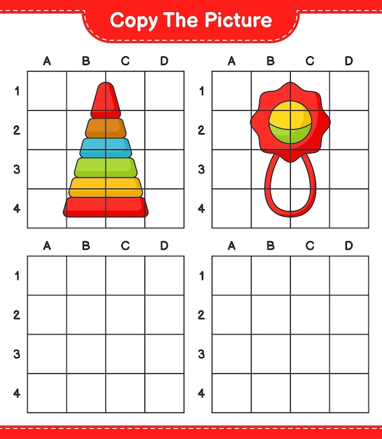 Copie a imagem copie a imagem do brinquedo pirâmide e do chocalho do bebê usando linhas de grade ilustração em vetor de planilha imprimível de jogo educacional para crianças