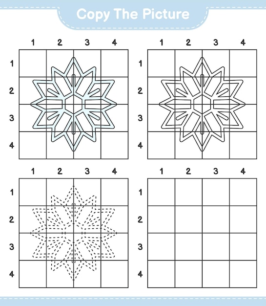 Copie a imagem, copie a imagem do floco de neve usando linhas de grade. jogo educativo para crianças, planilha para impressão, ilustração vetorial