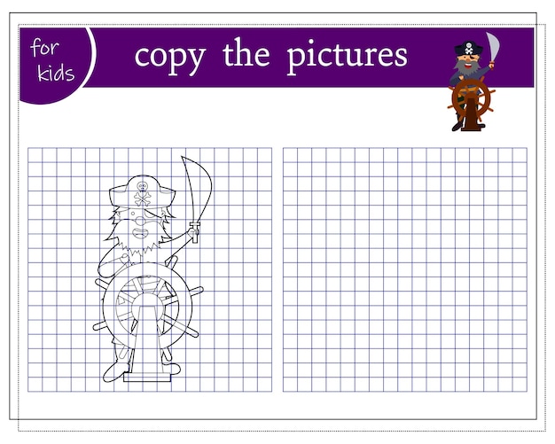 Copie a imagem de jogos educativos para crianças, o pirata dos desenhos animados controla o vetor do navio