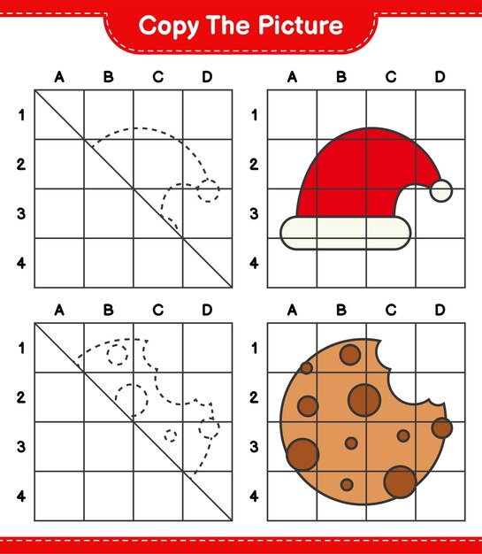 Copie a imagem do jogo de planilha educacional do chapéu do papai noel e cookies usando linhas de grade