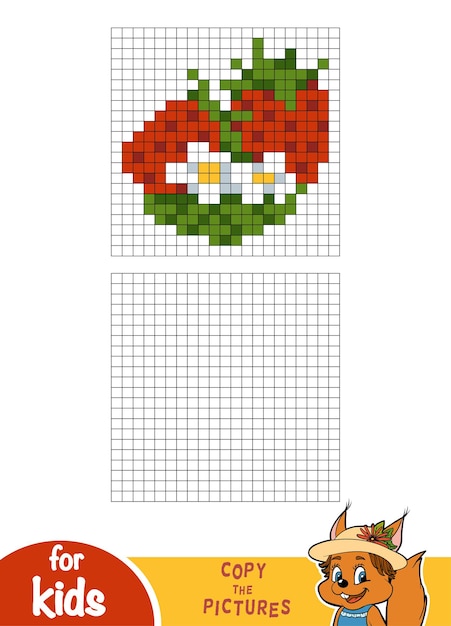 Copie a imagem por quadrados, jogo educativo para crianças, morango