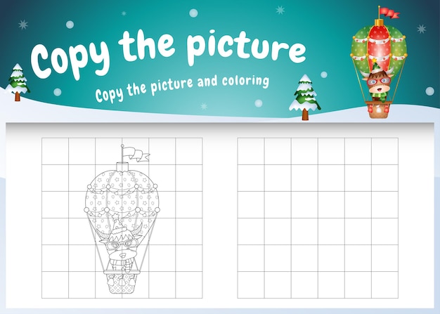 Copie o jogo de crianças e a página para colorir com um búfalo fofo em um balão de ar quente